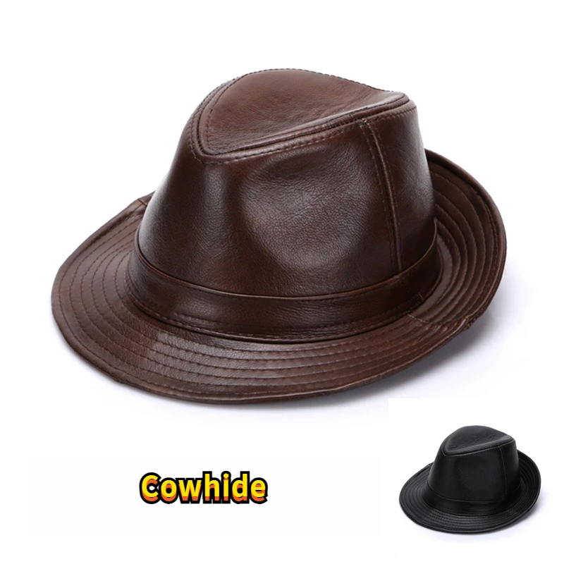 

Men's Genuine Leather Fedora Hat Top Grain Cowhide Vintage Pork Pie Cap for Comfort and Breathability 55-62cm