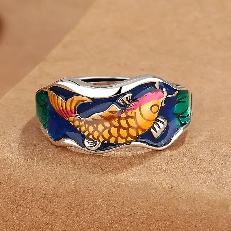 HX New Silver Color Carp Ring Art Colorful  Six Word Truth Opening  Index Finger Fashion Personality Female