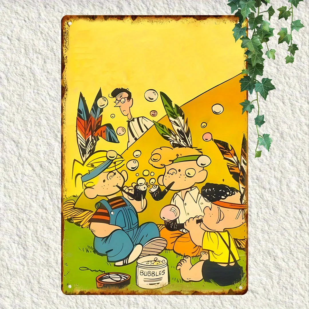  s Vintage Metal iron Sign - Retro Cartoon Artwork with 5 Youngsters Blowing Bubbles,Eairong Grapes Waterproof,Dustproof Wall