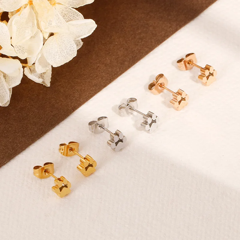 Stainless Steel Bear Cat Footprint Earrings Necklace Dog Paw Stud Earrings For Women Pet Jewelry