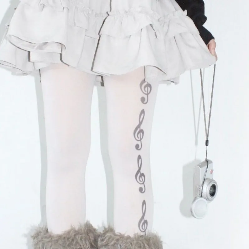 Y2K Sexy Printed New Stockings White Trendy Cool Girls Fashion Accessories Note Piano Keys Printed Spice Girls Pantyhose
