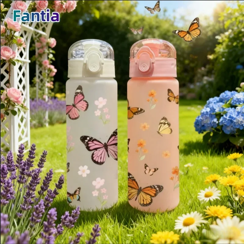 780 ml 3D-gedruckte Schmetterlings-Wasserflasche im Allover-Design, BPA-freie Sportflasche mit auslaufsicherem Klappdeckel, perfekt für das Sitzung im Fitnessstudio