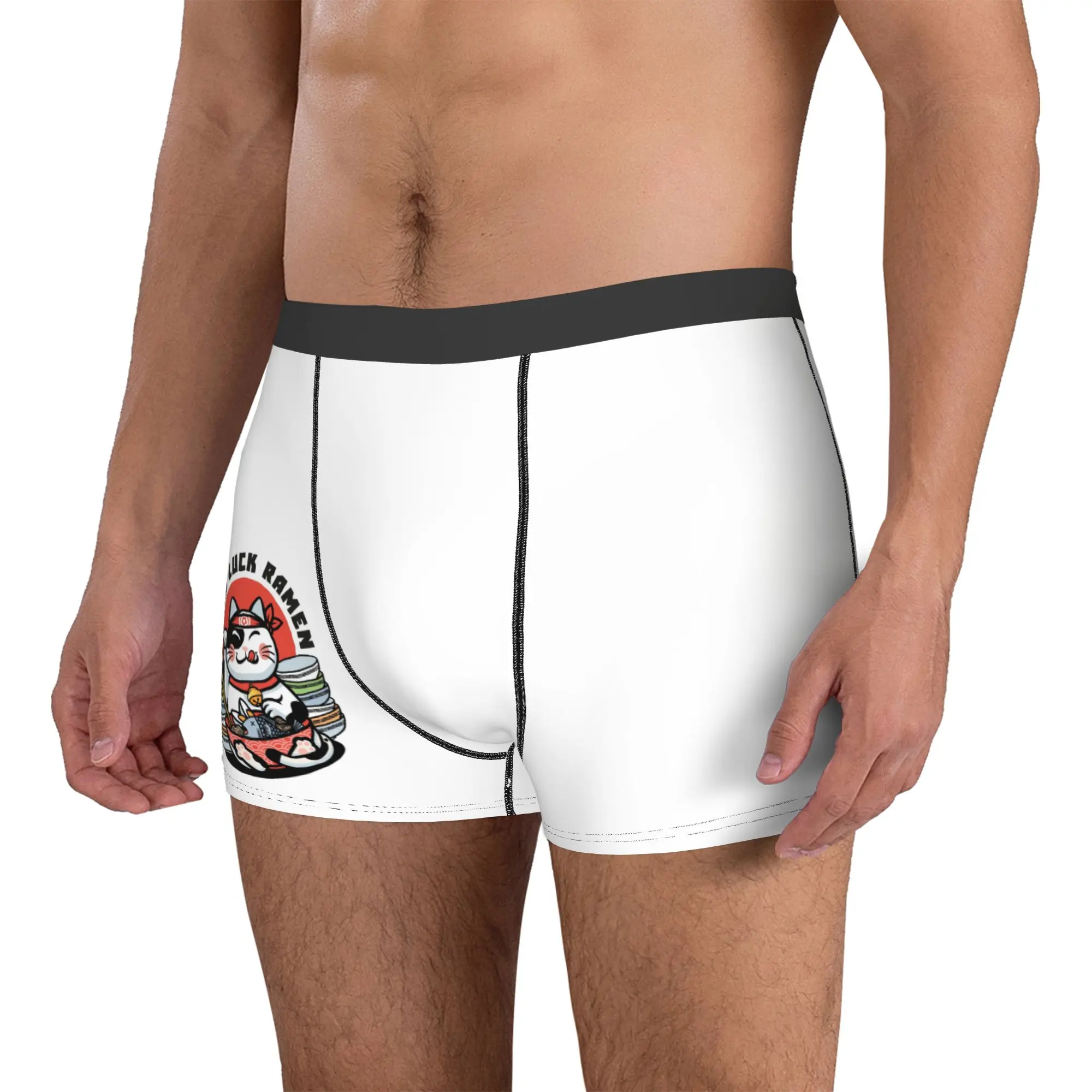 Custom Male Fashion Good Luck Ramen Maneki Neko Underwear Japanese Fortune Cat Boxer Briefs Stretch Shorts Panties Underpants