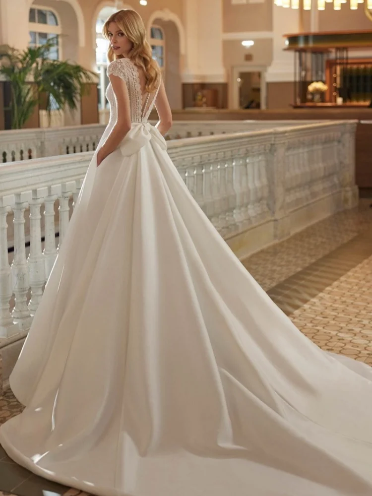 Robe de mariée princesse en Satin, élégante, col carré, dentelle, manches courtes, dos nu, grand nœud, robe de bal, personnalisation
