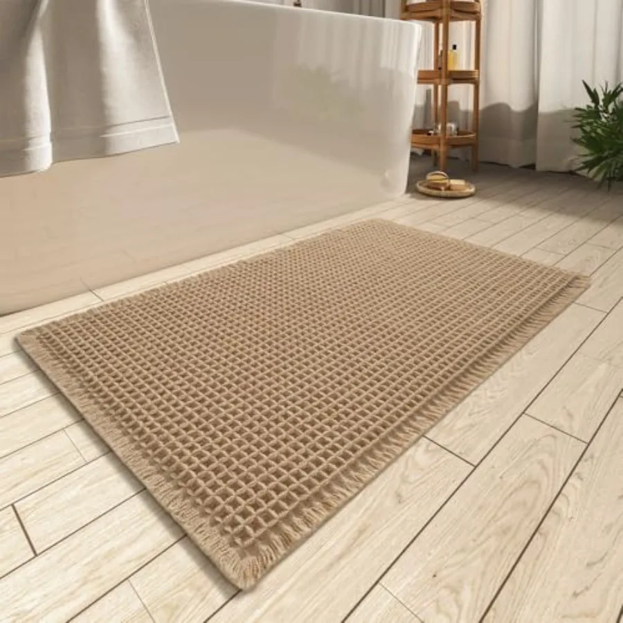 

Upgraded Waffle Bath Mat, Super Absorbent Non Slip Bath Mats for Bathroom Floor, Machine Washable Bathroom Rugs with Tassels, R