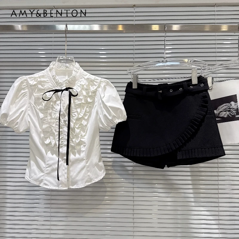 

French Design White Strap Pleated Bubble Sleeve Blouse 2026 Summer New Black Fashion Beveled Trouser Skirts Shorts Suits Ladies