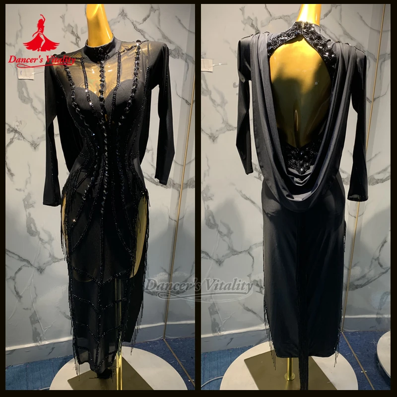 Women Latin Dance Mesh Splicing High-necked Backless Dresses for Adult Chacha Samba Contest Clothes Customized Dancer's Vitality