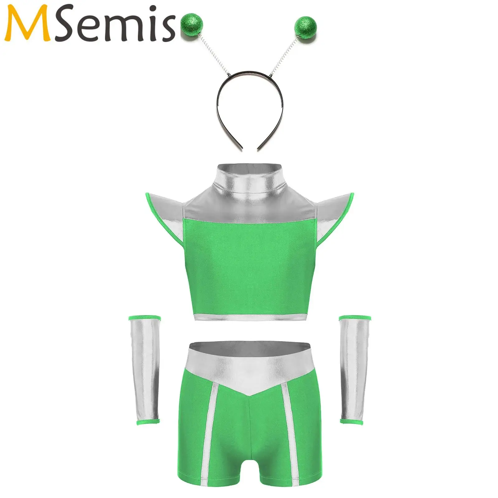 

Kids Girls Alien Astronaut Outer Space Halloween Cosplay Party Costume Set Zipper Crop Top with Shorts Robot Halloween Outfits