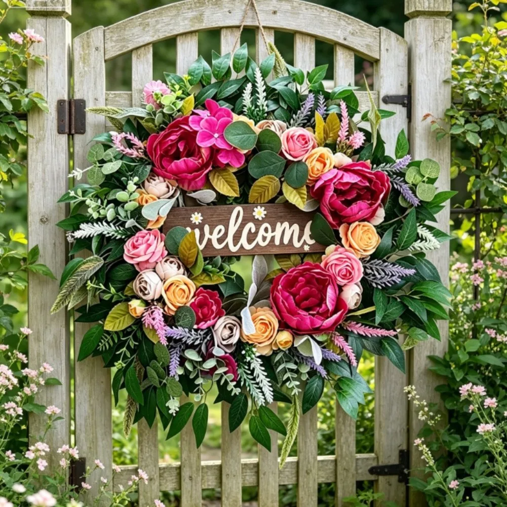 Floral Entryway Wreath Featuring Peonies Roses Hydrangeas and Branches with Rustic Wooden Welcome Plaque for Indoor Outdoor