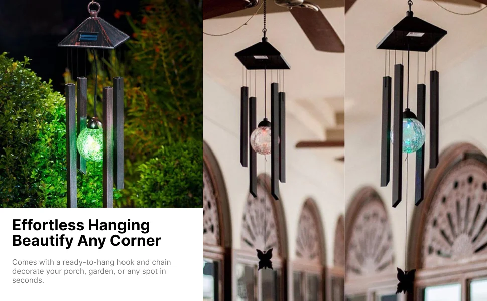 Solar Wind Chimes Color Changing Lantern Waterproof Outdoor Metal Glass Wind Pendant Light for Garden Patio Balcony Party