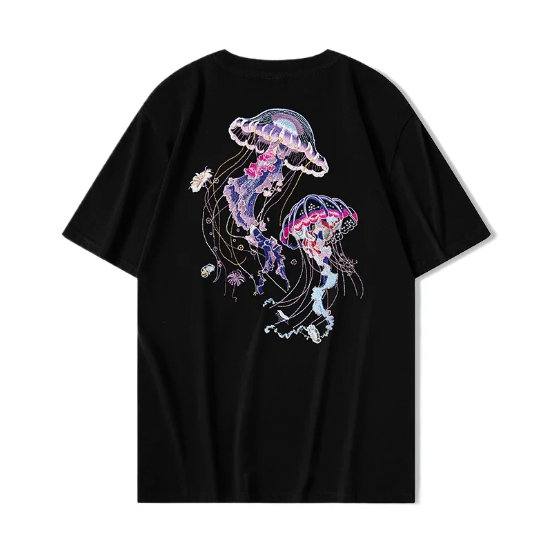 Fashion Embroidery T Shirt Men Jellyfish Graphic T Shirts Women Hip Hop Streetwear Loose Cotton Short Sleeve Summer Tops Unisex