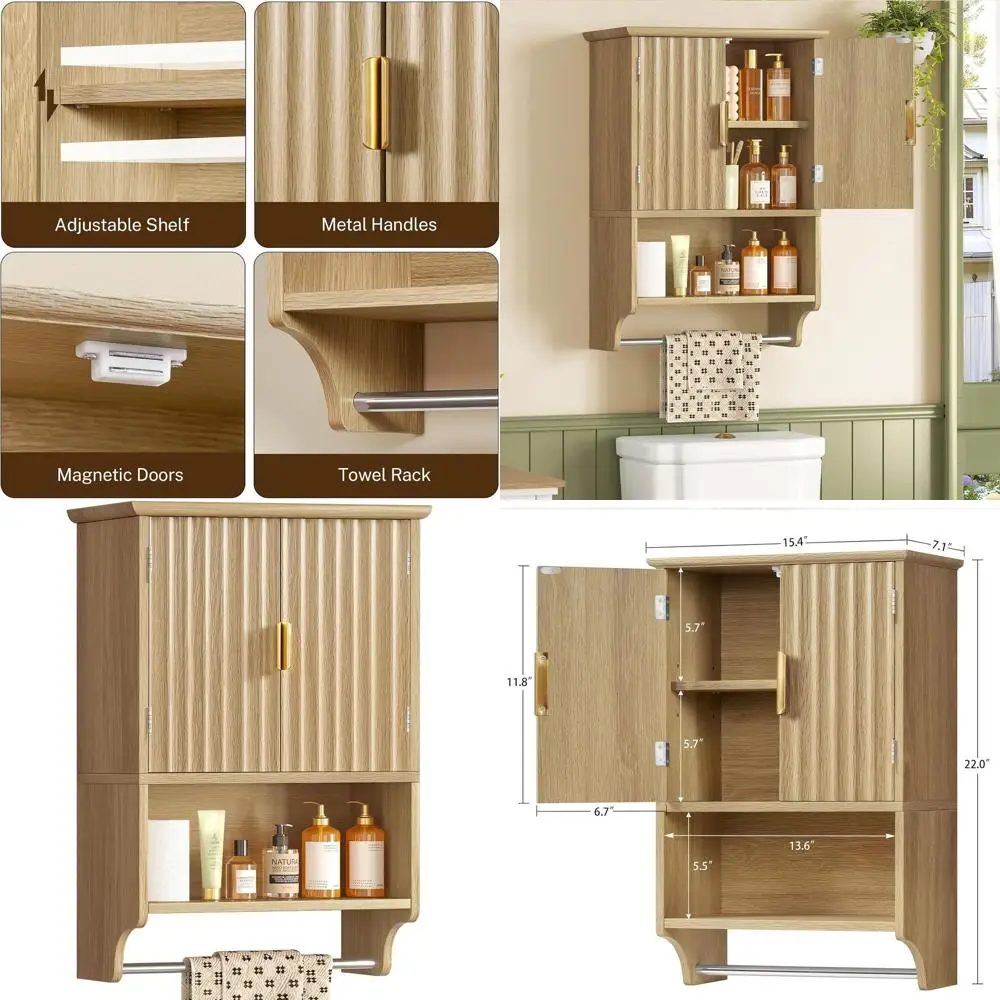 

Over-the-Toilet Wall Cabinet with Adjustable Shelves and Towel Bar, Natural Wooden Storage Organizer for Bathroom or Living Room