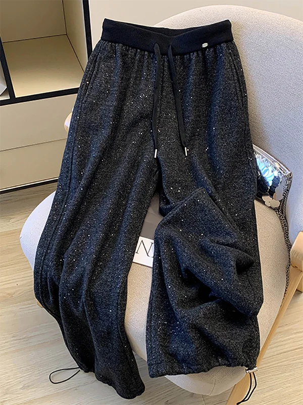 

Deep ey High Waist Heavy Work Rhinestone Wide Leg Pants Women's Fce Lined Thiened Loose Dstring Elastic Waist Casua...