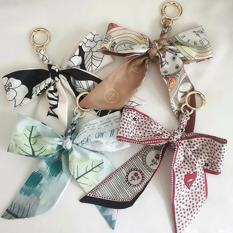 Elegant Silk Scarf Keychain For Women Satin Ribbon Bowknot Car Key Holder Keyring Bag Pendant Charms Ladies Key Chains Gift