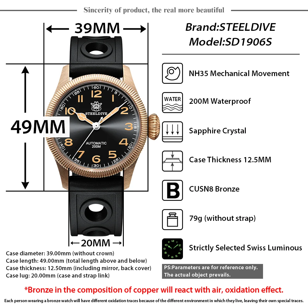 STEELDIVE-Bronze relógio mecânico com caneladas moldura, impermeável relógio de pulso suíço, luminoso relógio retro, 39mm Case, 200m, NH35 movimento, SD1906S