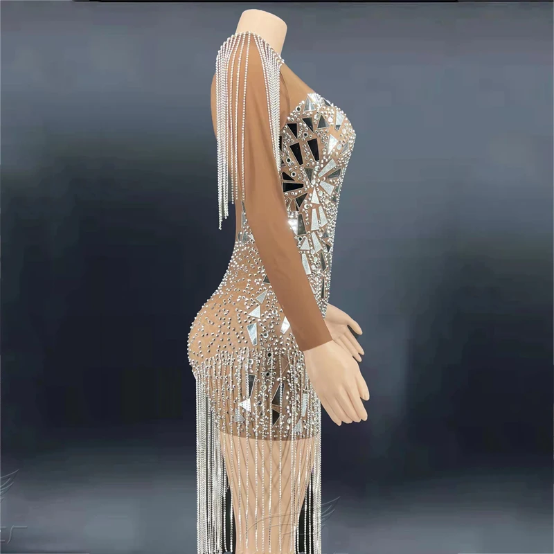 Robe en maille transparente avec chaînes de cristaux et miroirs argentés, à franges, Costume de célébration d'anniversaire, tenue de Festival en boîte de nuit, nouvelle collection