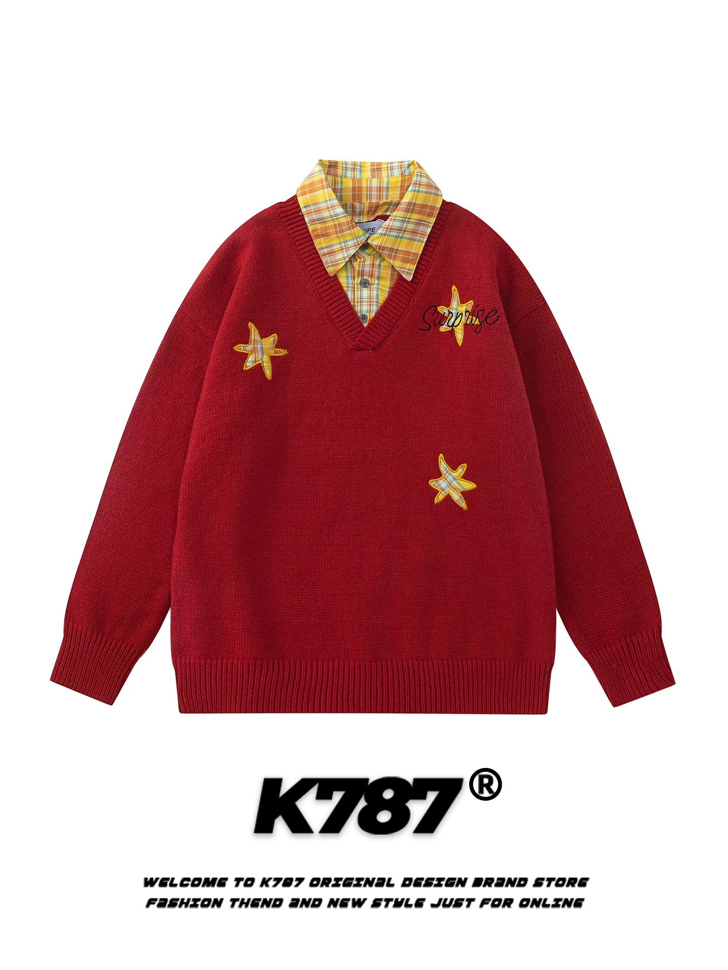 

Американский ретро-свитер с вышивкой звезд, имитация двухслойности, женский, свободный, повседневный, в университетском стиле, красный, антивозрастной, вязаный