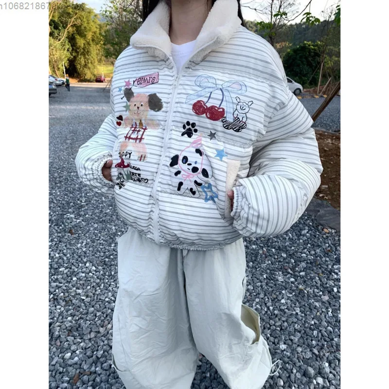 Sweet Cute Cartoon Pattern Wool Lamb Cotton Jacket Women's New Retro Design Thick Warm Versatile Coat Winter Trendy Cotton Coat