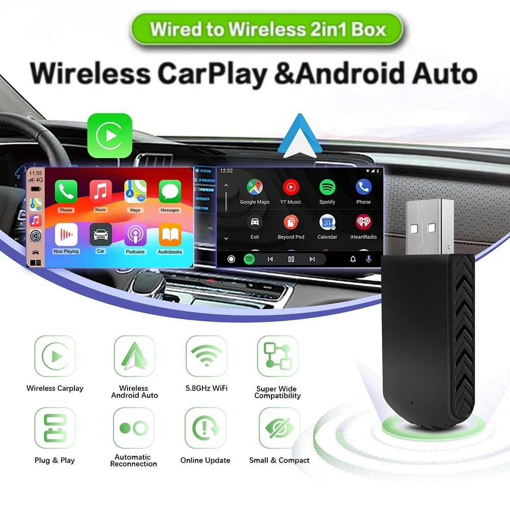 2 in 1 AI Box Mini Wired to Wireless Carplay&Android Auto Compatible with 99% of Cars Plug and Play Smart Dongle