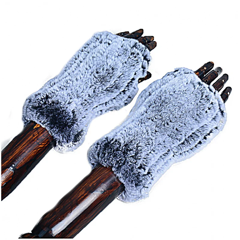 Rabbit Fur Open Finger Gloves Female Fur Half Finger Thickened Double-Sided Rex Rabbit Fur Thick Windproof Cycling Oversleeve Wa