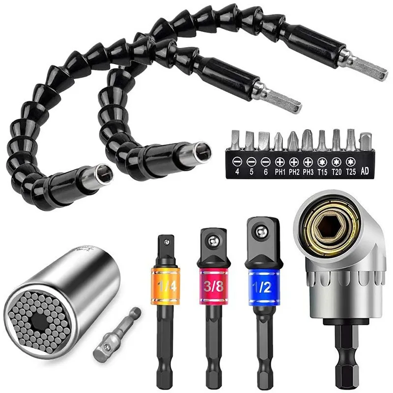 Flexible Drill Extension Hex Shank Drill Nut Driver Bit Set Bendable Drill Bit Extension+Universal Socket Adapter+Screwdriver Bi