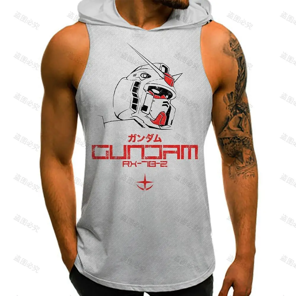 Men's  Hooded Tank Gundam Mobile Suit Y2k Tops Anime European Size Basketball Vest New Fashion Sleeveless Sports Shirt Man 2023