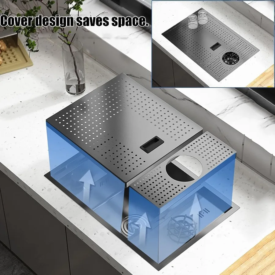 نانو أسود 23 بوصة مخفي المطبخ بار مقهى RV شرفة 304 حوض الفولاذ المقاوم للصدأ مع صنبور لأعلى ولأسفل ومجموعة شطف الزجاج ل