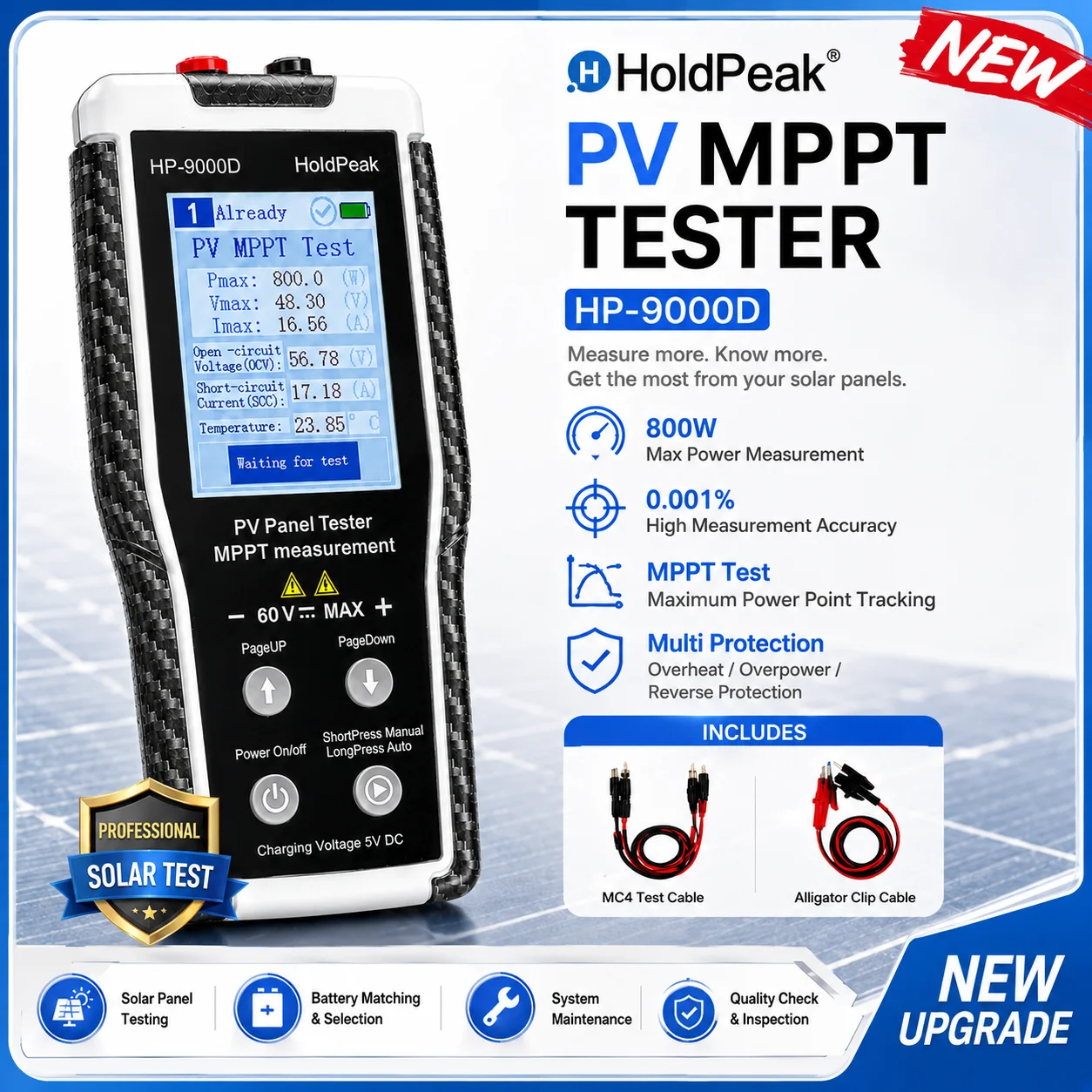 HP-9000D Solar Panel Tester 800W MPPT PV Power Meter 60V 35A Voc Isc Pmax Vmax Imax Curve Display 2.8" TFT