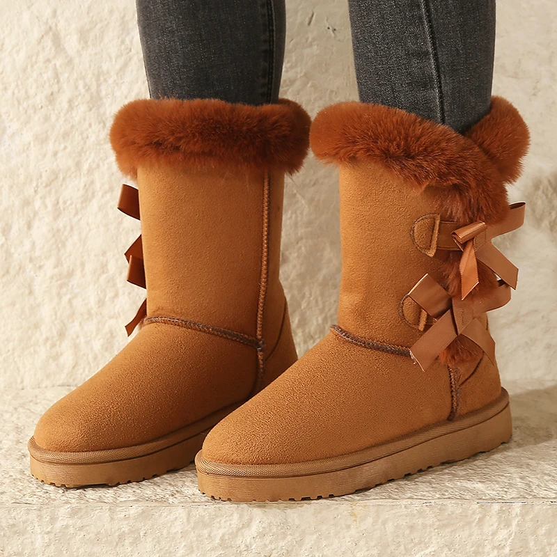 Waterproof Women\'s Winter Boots 2024 Women Snow Boots Trend Bow Warm Mid-Calf Boots Women Thicked Plush Non-Slip Cotton Boots