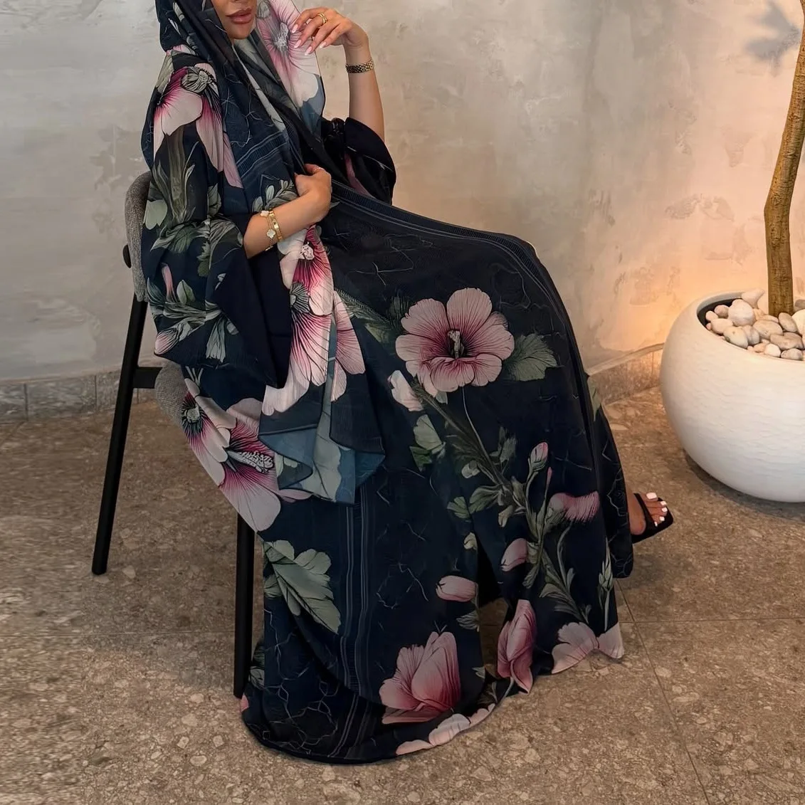 Women's Flower Printed Elegant Loose Casual Trendy Daily Basic Long Sleeve Abaya Cardigans Female Muslim New Fashion Clothes