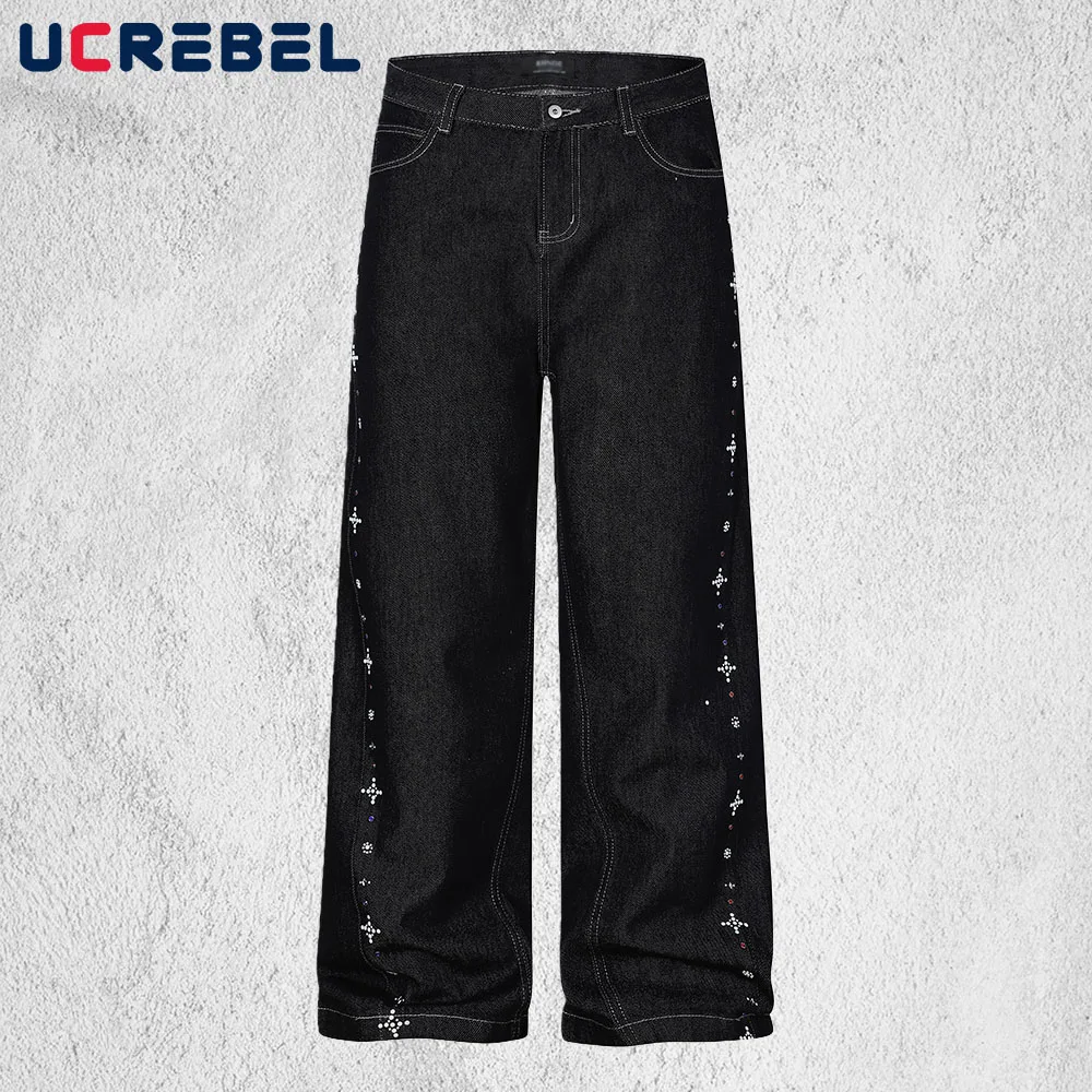 

Rhinestone Dark Jeans Mens Spliced Retro High Street Pocket Straight Baggy Wide Leg Denim Pants Man