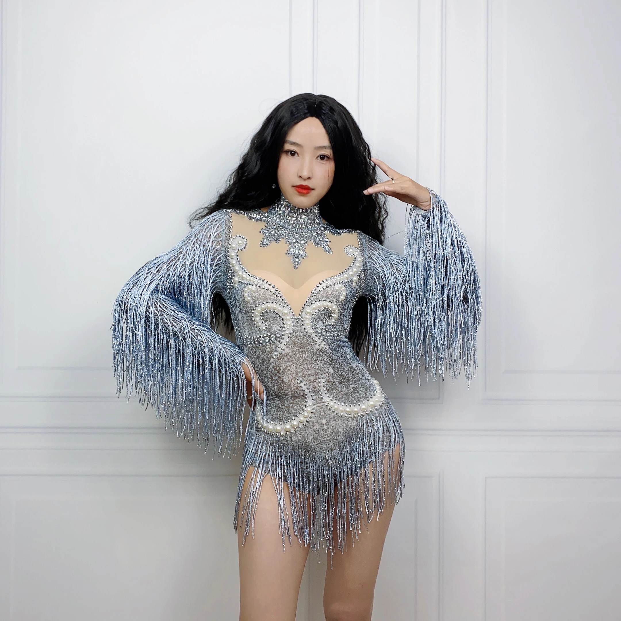 

New Sexy Sparkly Rhinestone Mirror BodysuitTassel Singer Performance Dress