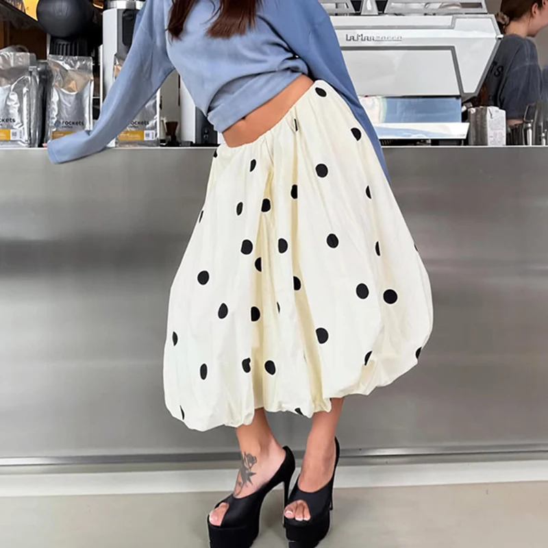 Women Elegant Cream White Polka Dot Midi Skirt High Waist A Line Bubble Hem Vintage Casual Party Skirt Autumn New