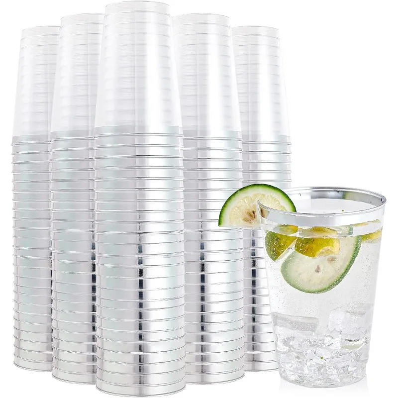 200 Pack 12 oz Silver Rimmed Plastic Cups, Clear Plastic Cups 12 Ounce Tumblers, Heavy-duty & Fancy Disposable Hard Plastic