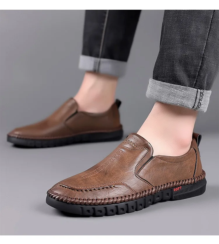Calçado formal de negócios para festa de casamento, lazer, sapatos oficiais, masculino, costurado à mão, couro genuíno, slip on