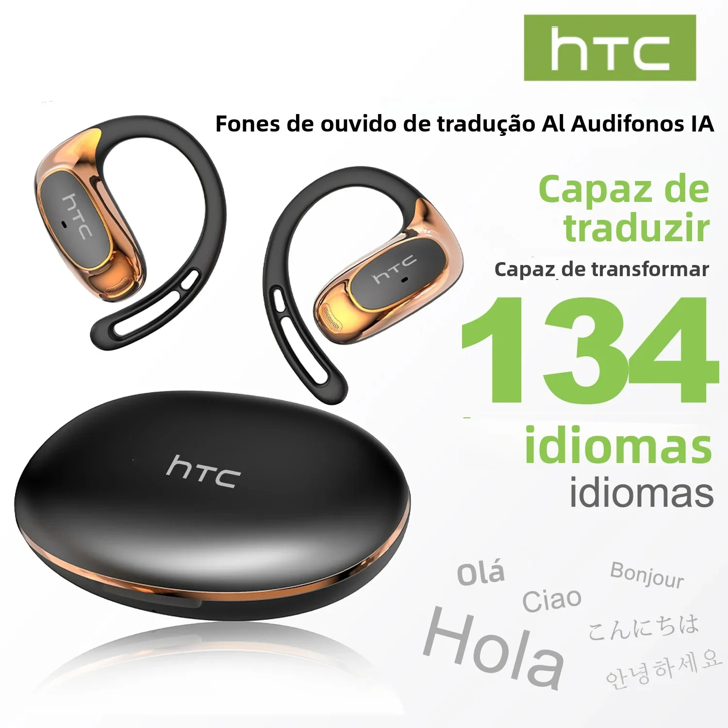 Htc ne35 fones de ouvido sem fio ows bluetooth v6.0 com microfone hd chamada baixo longa vida esportes earhook ai tradutor