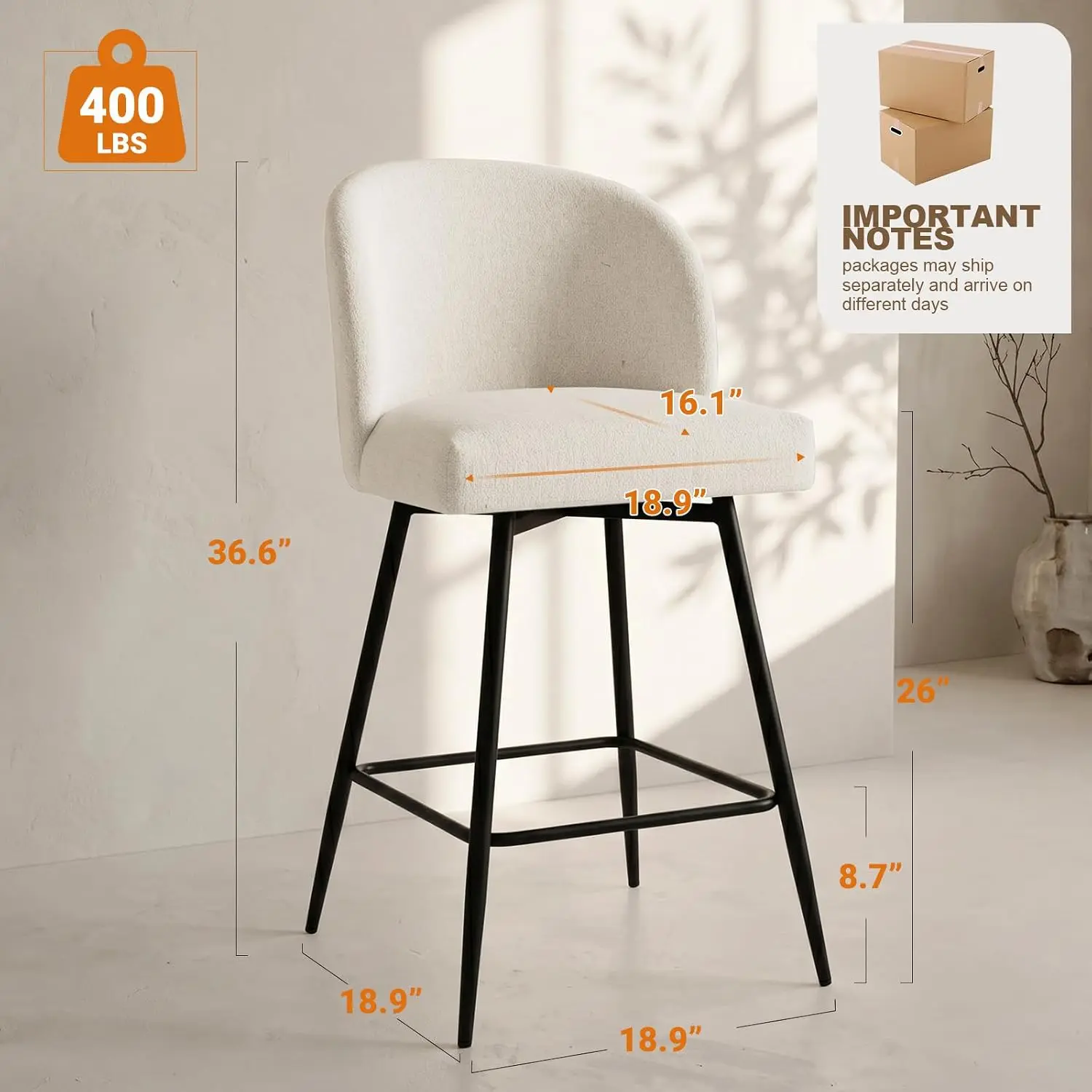 Counter Height Bar Stools Set of 2, 360° Swivel Upholstered Barstools with Backs and Metal Legs, 26