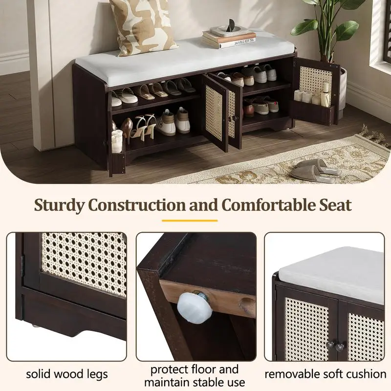 مقعد تخزين ريفي، مقعد أحذية خشبي متعدد الوظائف مع وسادة قابلة للإزالة، وأبواب الروطان المنسوجة وأرفف قابلة للتعديل #6