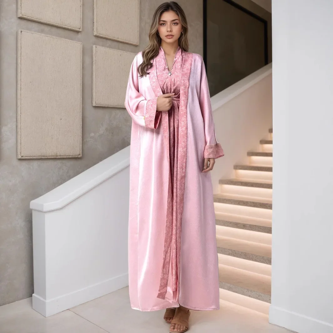 Muslim Eid Women Pink 2 Piece Suit Dress Open Abaya Modest Dresses Ramadan Long Robe Abayas Caftan Kaftan Vestidos 2025 Ensemble