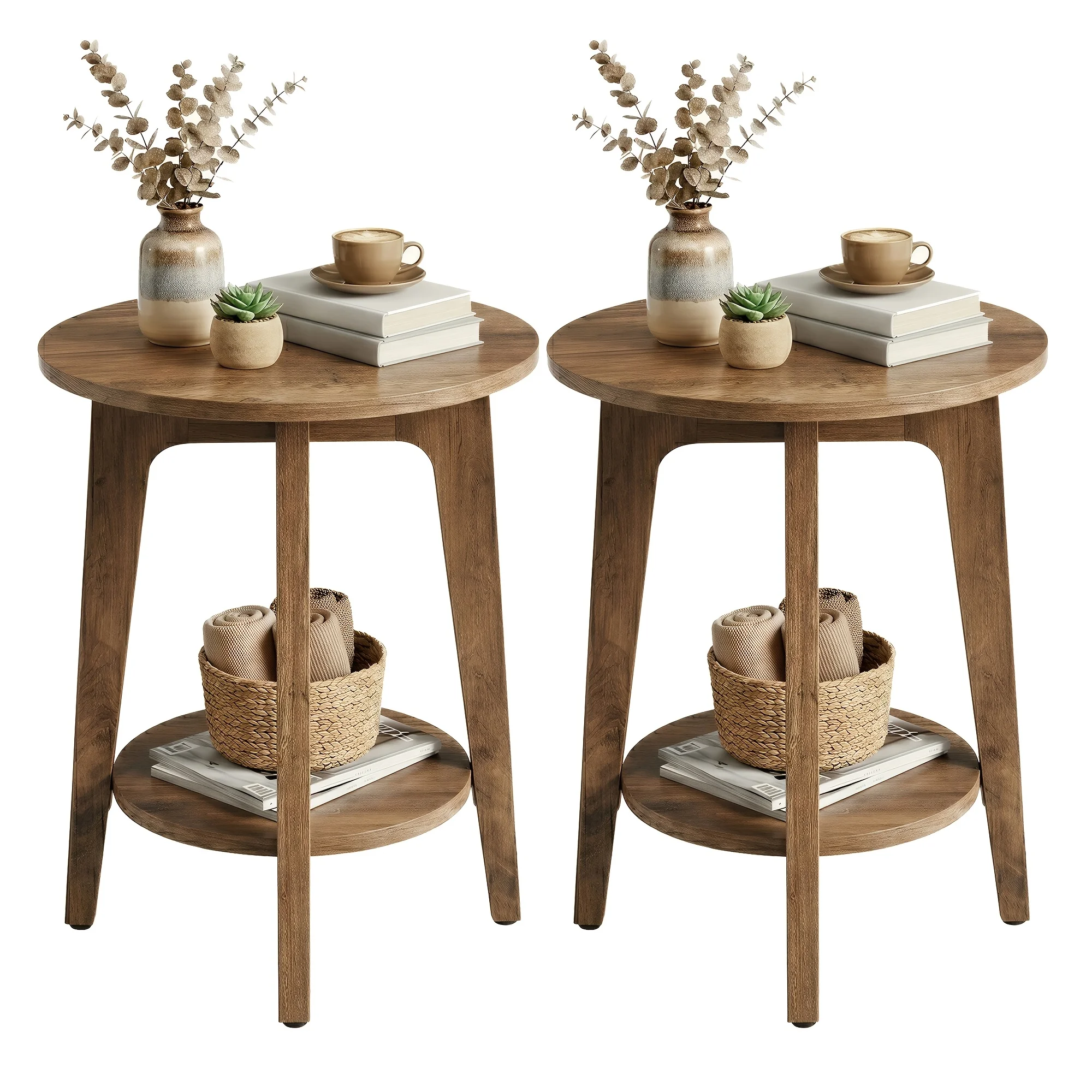 2pcs Round 2-Tiered Side Table And Nightstand Set, Tapered Legs And Curved Transitions, Suitable for Small Spaces, Living Room