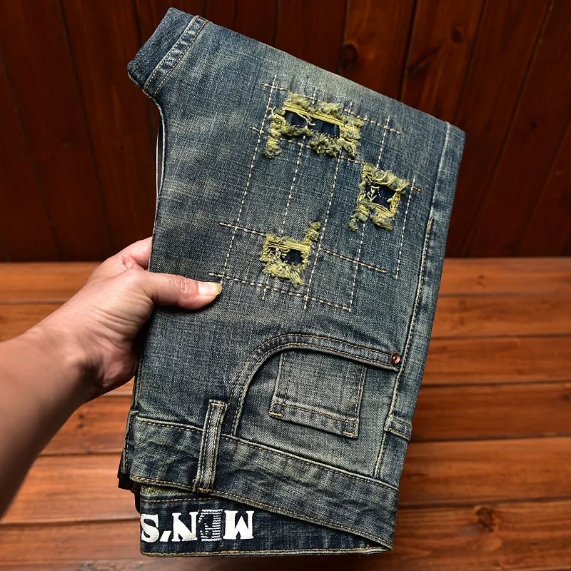 Jeans rasgado masculino, Patch bordado, Elástico, Liso, Apertado, Moda de rua, Tendências, Locomotiva, Calça casual