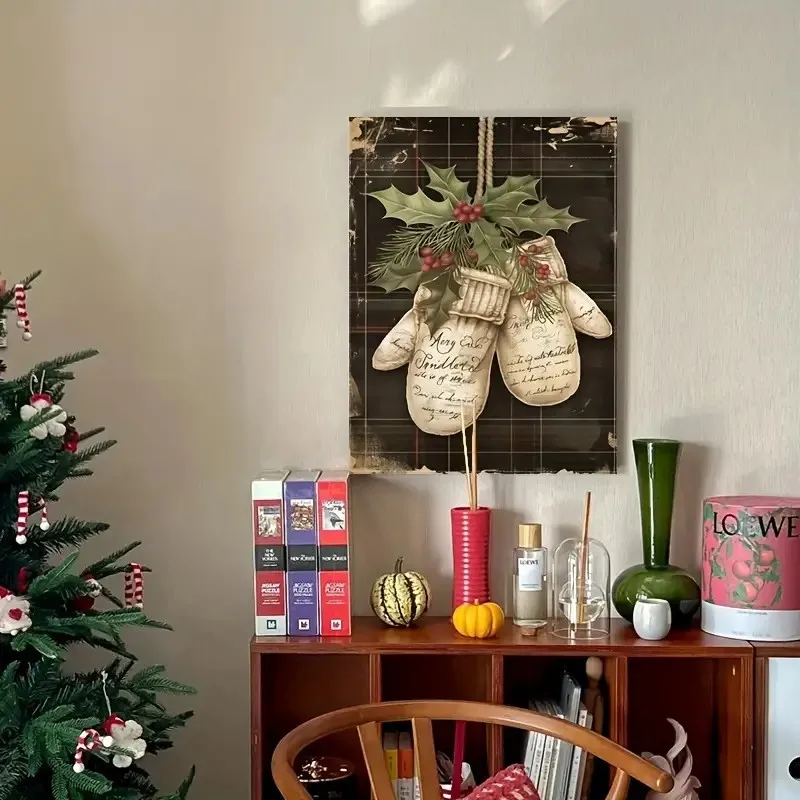 Vintage Christmas Gloves Canvas Wall Art, Retro Holly Berry Xmas Poster, Winter Farmhouse Home Decor Painting, Unframed