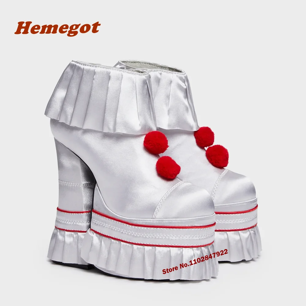 Clown Platform Booties Round Toe Chunky Heels Silk Solid Side Zipper Short Booties Autumn Flounce Pleated Party Luxury Shoes