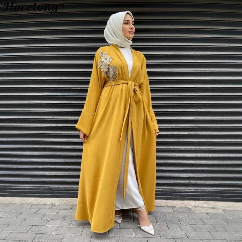 Embroidery Applique Two Piece Muslim Abaya Set Horetong 2026 Open Front V Neck Belted Flare Sleeve Modest Ramadan Eid Maxi Robe