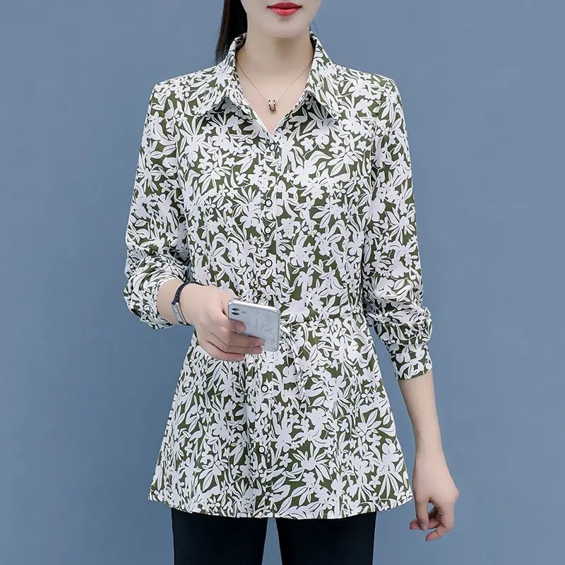 Pendolarismo camicia stampata con fiori spezzati primavera autunno manica lunga elegante fiocco con coulisse abbigliamento donna camicetta monopetto