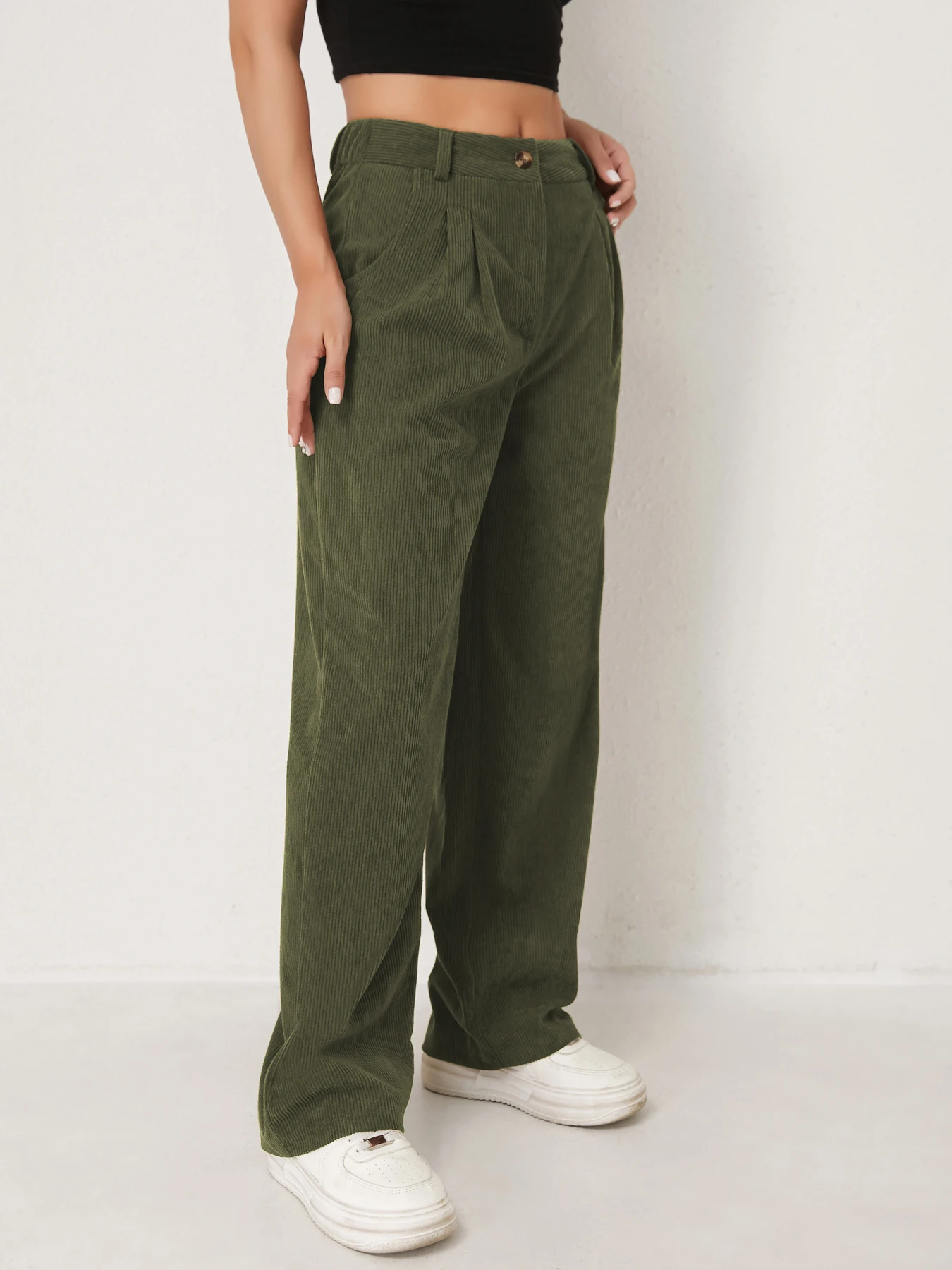 Neue Herbst- und Winter-Freizeitanzüge für Damen in Unifarben aus Cord mit weitem Bein und geraden, samtartigen Hosen, die schlank aussehen – Detail 19