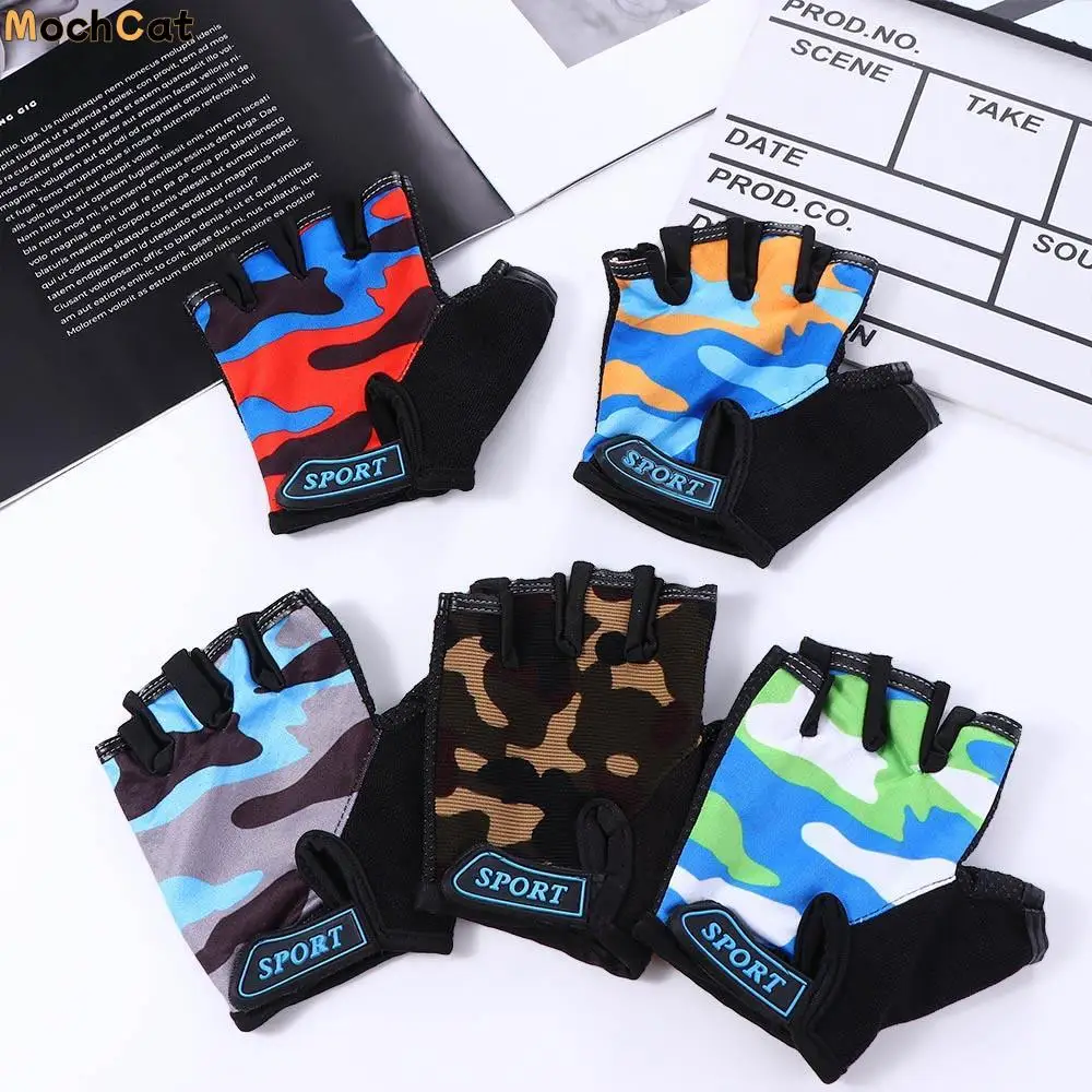 

Boys Skating Hiking Anti-sweat Elastic Riding Equipment Children Cycling Gloves Camouflage Bike Mittens Half Finger Golves