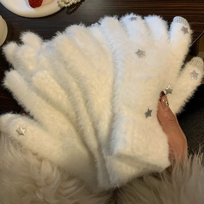 Fashion Winter Heart Mink Velvet Five Finger Gloves Plush Warm Cold-proof Gloves Women Solid Snow Star Wistiti Mittens Gloves