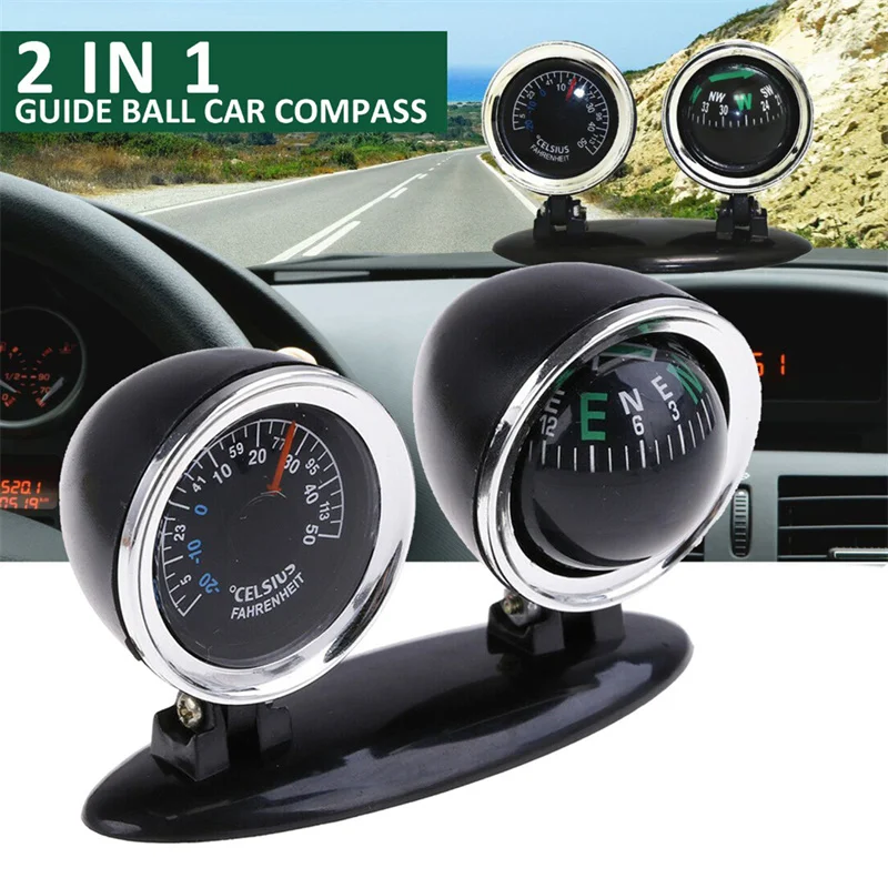 Car Compass Accurate Readout Two in One with Thermometer Plastic Dashboard Guide Ball Navigation Tools for Vehicle/Car/Auto