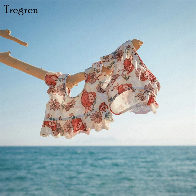 Tregren Cute Toddler Baby Girl Bikini Flower/Bull Head Print Swimsuit Ruffle Swimwear Summer Swimming Pool Hot Spring Beach Wear